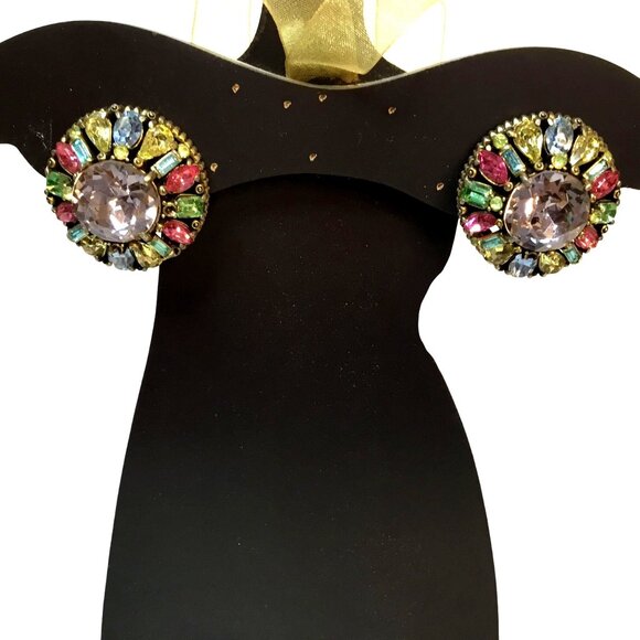 HOLLYCRAFT 1955 Vintage Rainbow Rhinestone Clip Earrings Pastel Statement - Picture 1 of 9